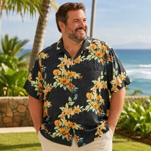 Tommy Bahama Silk Hawaiian Shirt Mens 2XL Black Orange Floral Tropical Aloha
